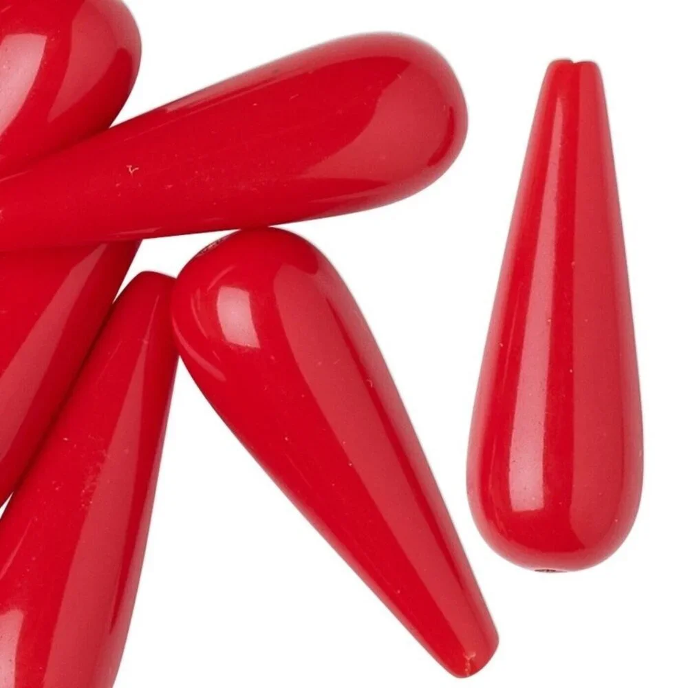 Vintage Germany Red Lucite Acrylic Large 31x10mm Long Teardrop Beads 2 pcs